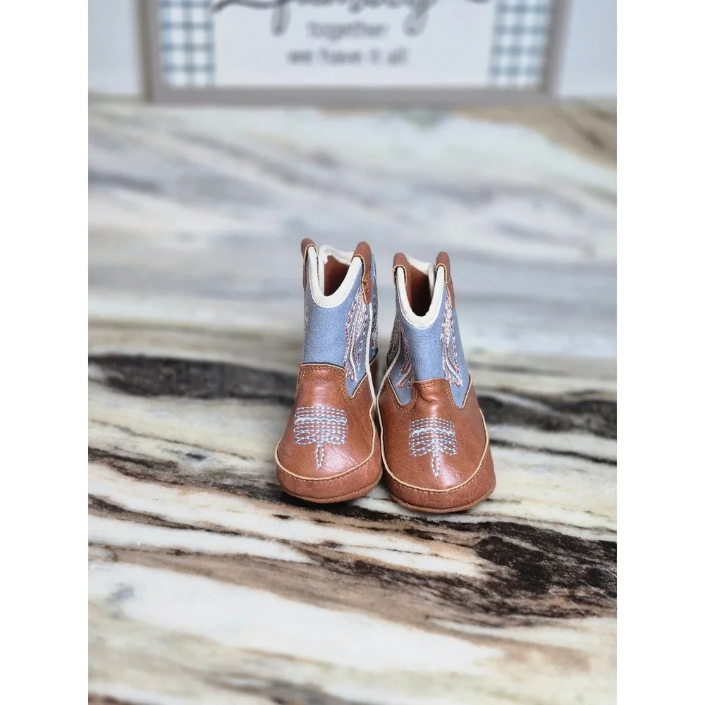 Ariat Shelby Baby Western Boots Brown Blue Faux Leather Crib Shoes 89259-00